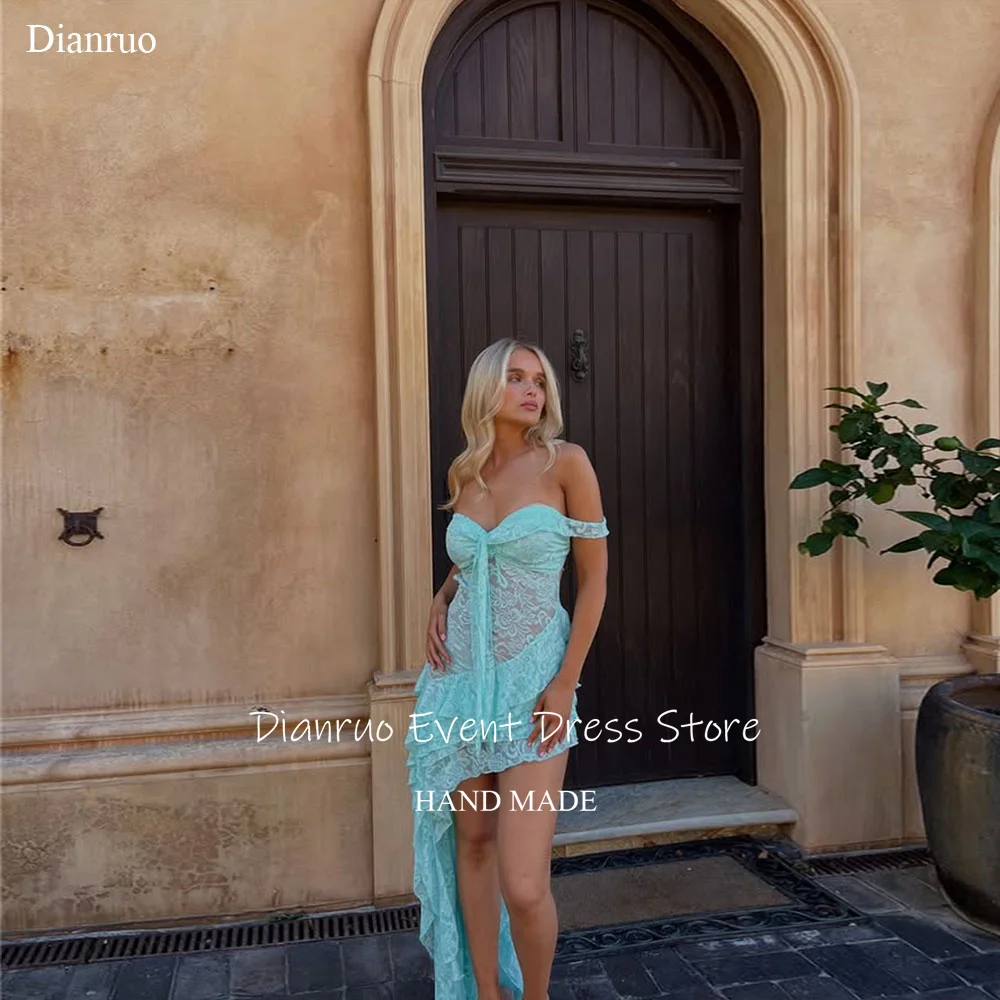 

Dianruo Off The Shoulder Prom Dresses Mini Lace Sweetheart Birthday Dress Sexy Appliques Illusion Cocktail Dresses Customized