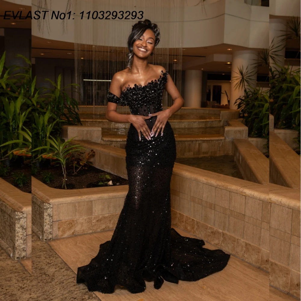 

Индивидуальное блестящее черное платье русалки EVLAST Aso Ebi с кристаллами и бисером для чернокожих девушек, вечернее платье для торжественных мероприятий FP53