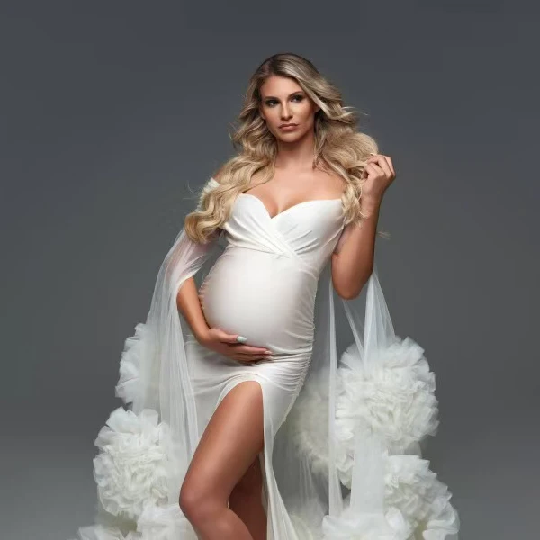 Ivory Handmade Women Maternity Dresses with Cloak Pleated Sleeeves Tulle Prengnant Gown Side Slit Luxury Puff Pregnant Dress