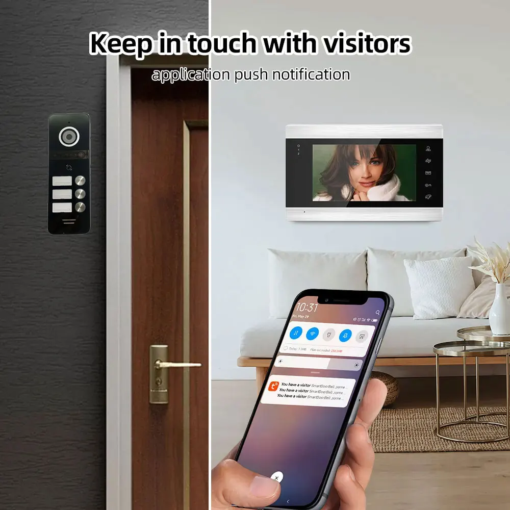 TUYA 7 Inch WiFi 1080P Video Intercom Smart Home APP Wireless Video Door Phone RFID Access Control System for 3 Family Apartment