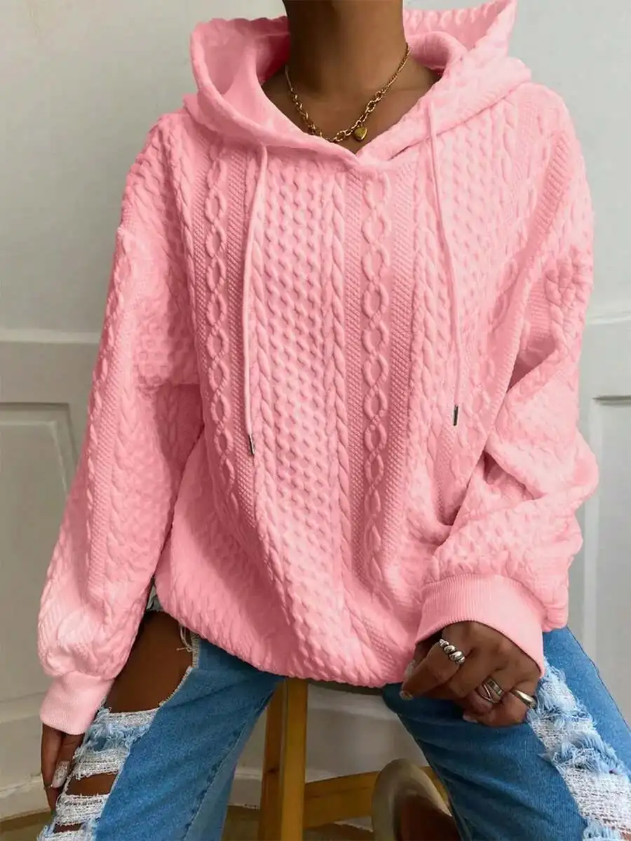 

Розовая вязаная толстовка с капюшоном для женщин, свободный крой, длинный рукав, повседневный пуловер