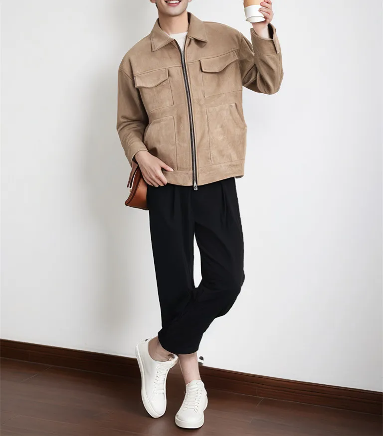 

New Fashion Autumn/Winter Casual Long Sleeve Turn-down Collar Zipper Pockets Suede Fabric Solid Color Loose Fit Jacket For Men