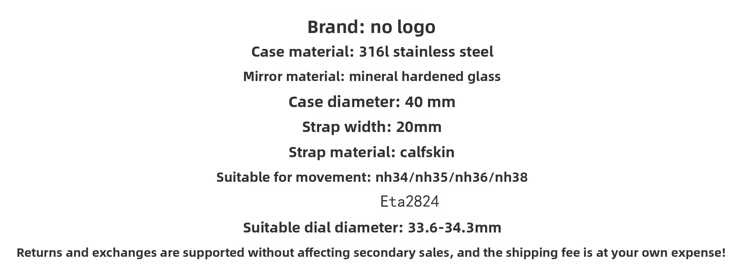 NH35 Case Modified Pilot Model Leather Strap 316L Stainless Steel Suitable for Eta2824/NH36 Movement