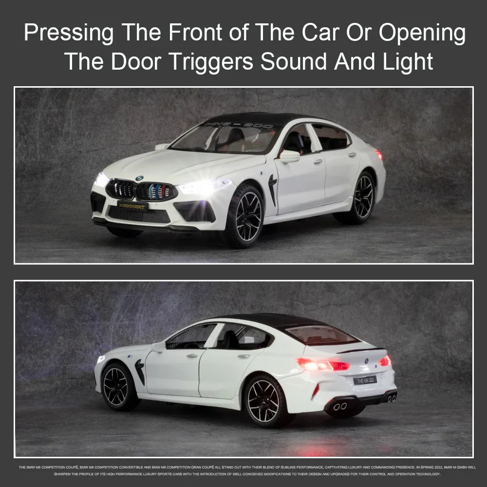 1:24 BMW M8 MH8-800 Sports Cars Miniature Toys Models Alloy Diecast with Pull Back Car Sound Light Vehicle Kids Collection Gifts
