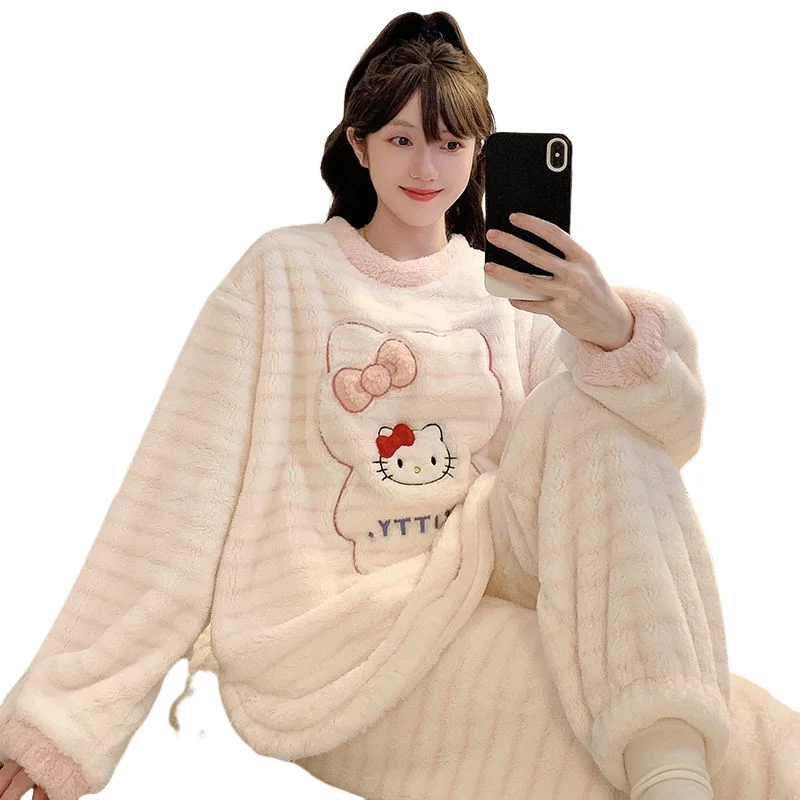 Sanrio menina casa wear microvilli olá kitty kawaii dos desenhos animados estudante casual outono e inverno em torno do pescoço loungewear conjunto novo estilo