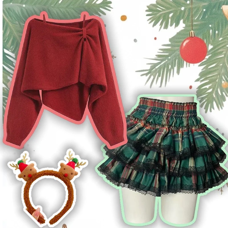 

Women Red Knitwear Sweater Green JK Uniform Christmas Tree Cos Role Play Outfit with Headwear Full Set Autumn and Winter Xmas
