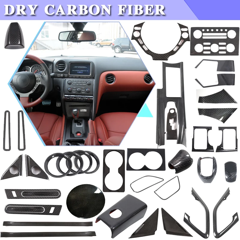 For Nissan GTR R35 2008-2016 Real Carbon Fiber Car Central Control Dash Gear Multimedia Car Door Trim Interior Accessories Kit