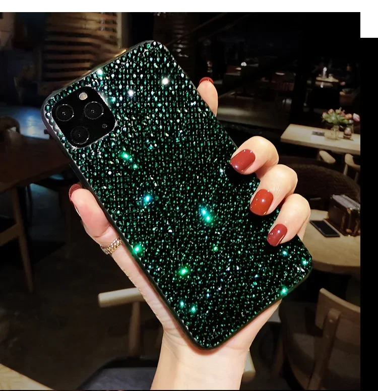 Green Diamond Luxury Rhinestone Case dla iphone 15Pro 14Plus 13 Pro 12 Mini 11Pro MAX XR 16 PLUS Cover Bling Glitter Woman Case