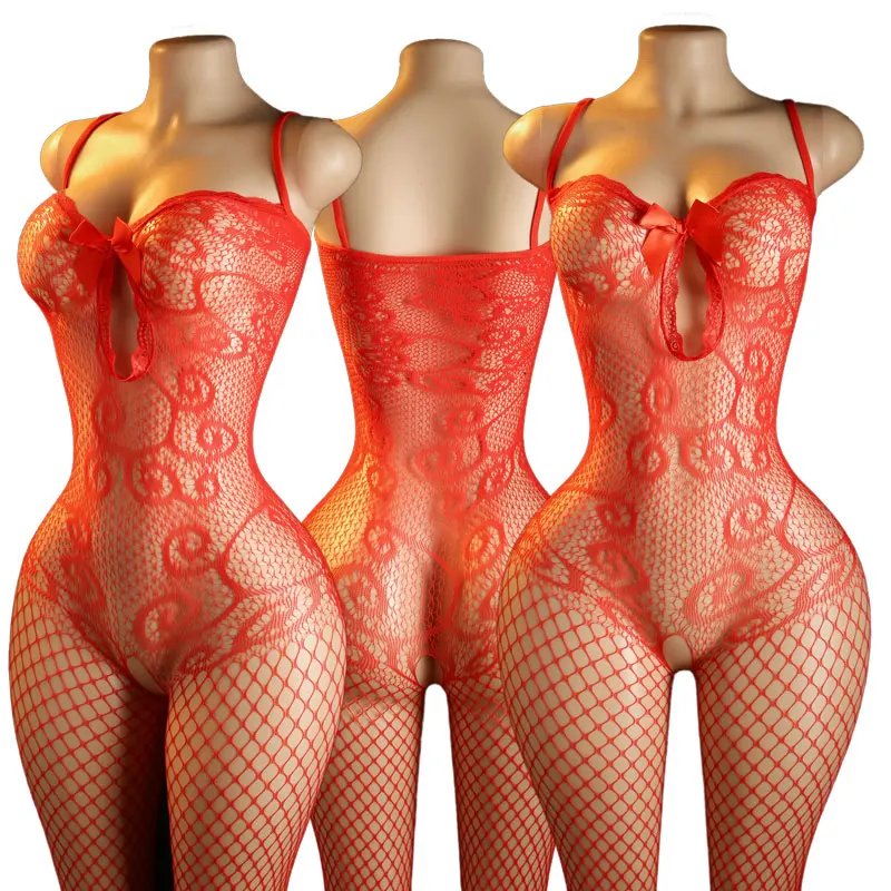 Open Chest Transparent Fishnet Bodystocking Sexy Bow Bride Crotchless Teddy Bodysuit Lingerie