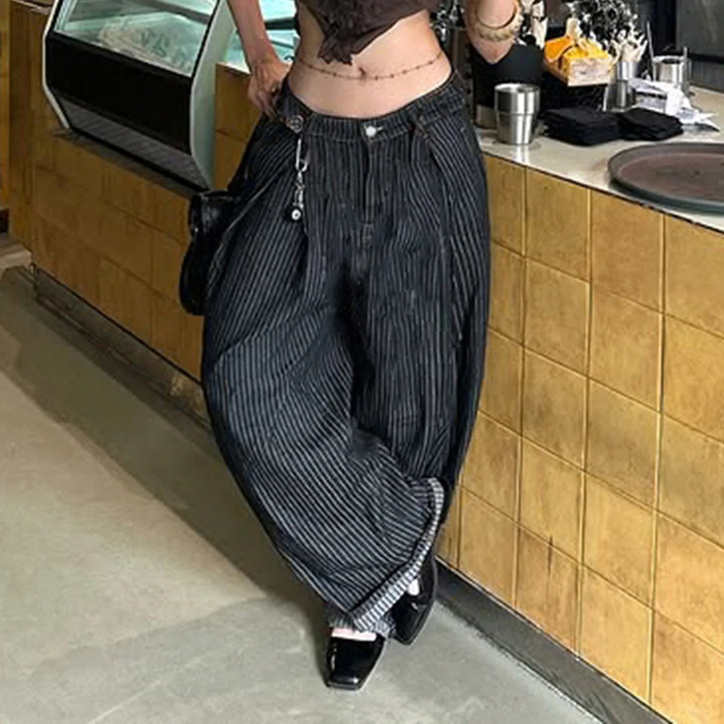 Y2K Curved Jeans Striped Loose Straight Leg Wide Leg Basic Casual for American and European Women