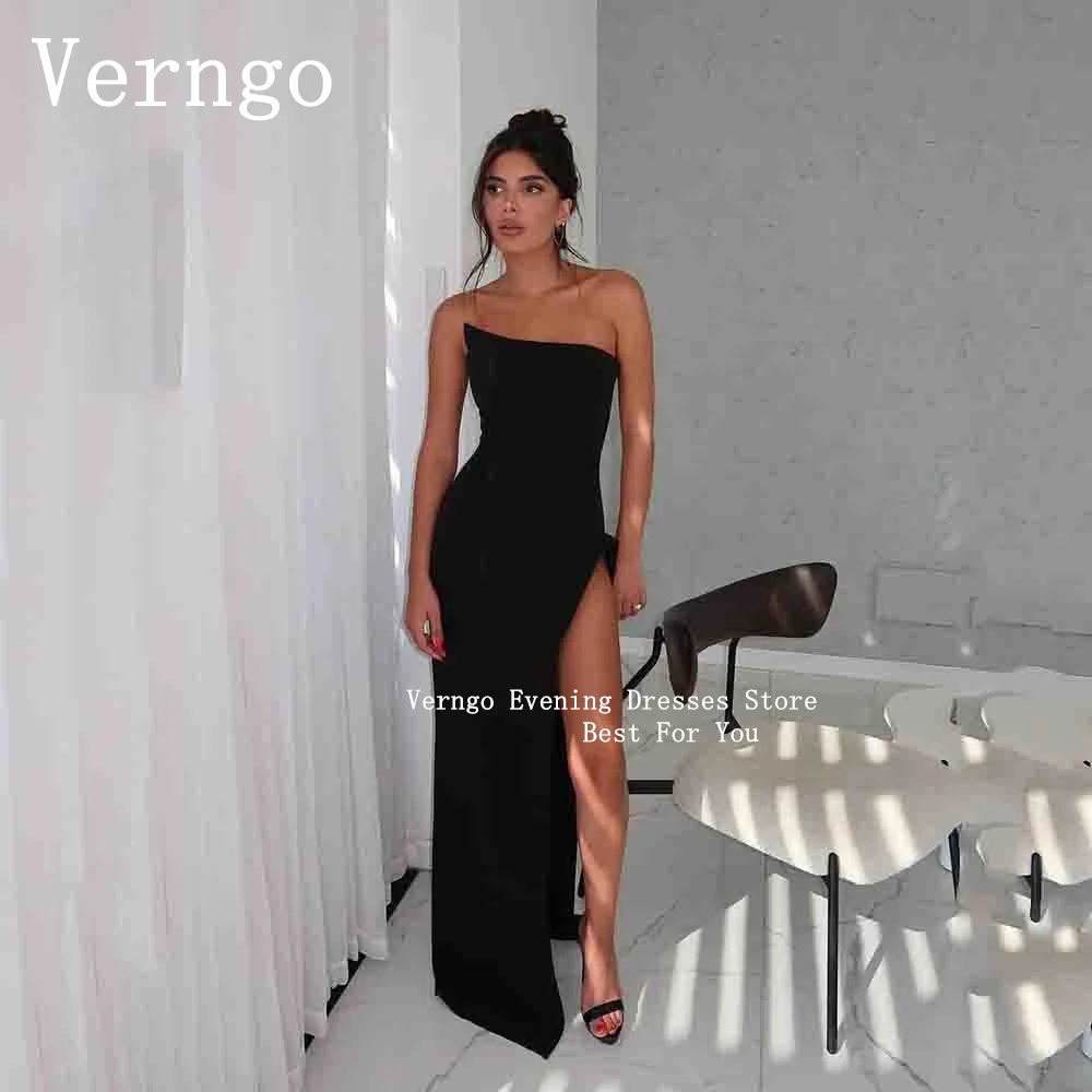 

Verngo Black Crepe Formal Prom Gowns Simple Side Slit Sexy Evening Dress For Women Strapless Mermaid Prom Party Dress