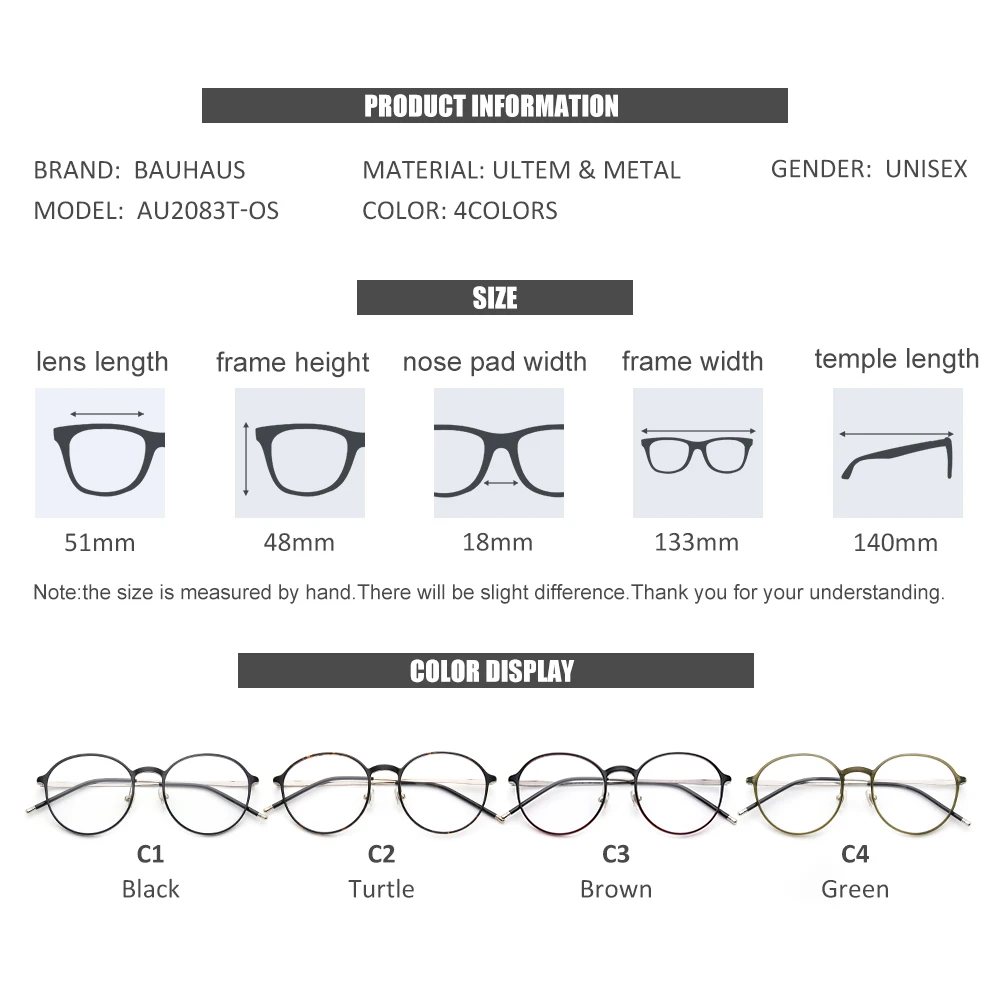 AU2083T-OS Retro Round Glasses Frame Ultralight Fashion Optical Frames Computer Glasses