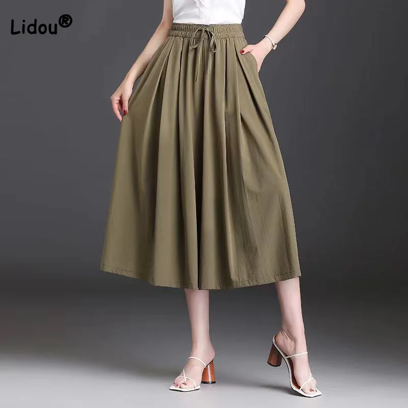 

Ice Silk Wide Leg Pants with High Waist and Dropping Skirt Pants Summer Thin Drawstring Pockets Cropped Casual Solid Trousers