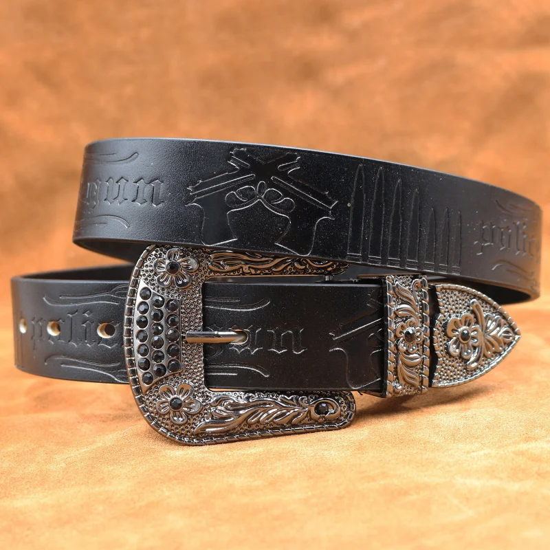 Western Gun Letter Pattern Leather Strap Rhinestone Pin Buckle Men Belt Fashion Jeans Cowboy Belt for women