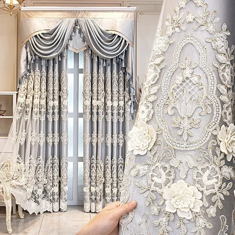 

European Palace Luxury Curtains for Living Room Valance Grey Curtains Double Layer Relief Embroidered Tulle Blackout Curtains