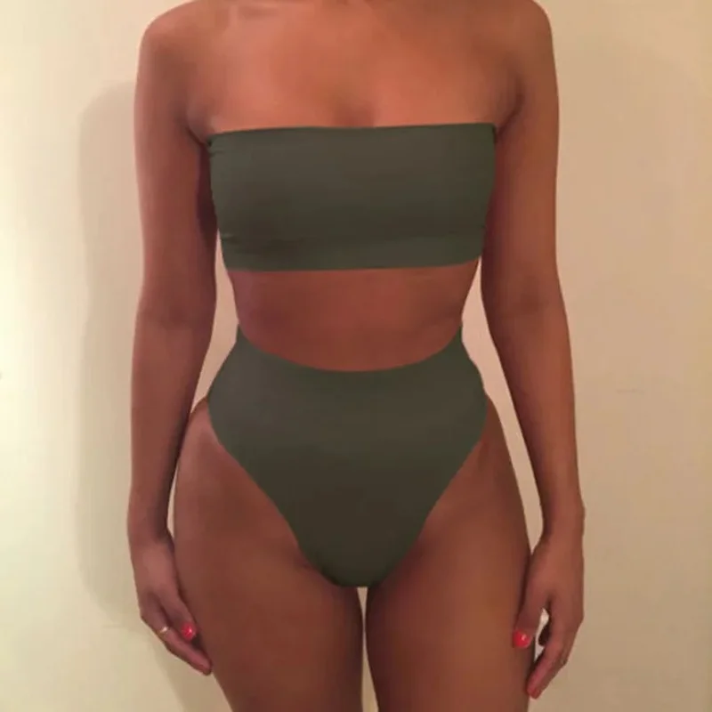 Women's Strapless Tube Top Bikini Set High Cut High Waist Two Piece Swimwear Summer Beach Bathing Suit