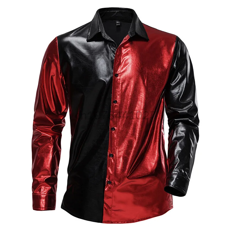 Nieuw Metallic Shirt Mannen Lange Mouw Knoop Naar Beneden Gecoat Disco Shirt Man Jaren 70 Disco Nachtclub Kerstfeest Kostuum Zwart Goud