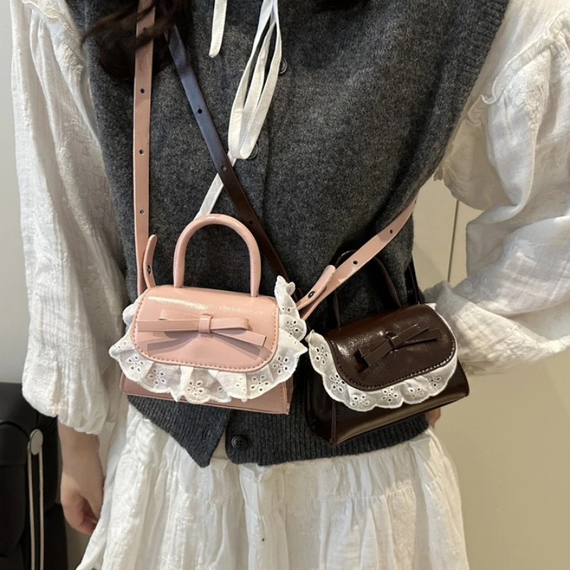 Cute Mini Top Handle Crossbody Bag for Women, Lace Ruffle Edge Bow Small Square Shoulder Purse, Adjustable Strap Fashion Handbag