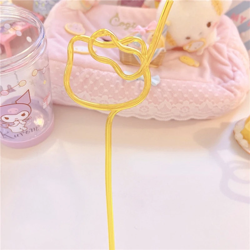 Hello Kitty-Paille à boire réutilisable en forme de chat Kt, paille colorée en forme de beurre, tuyau à cliquetis, dessin animé, jus de lait, cadeau