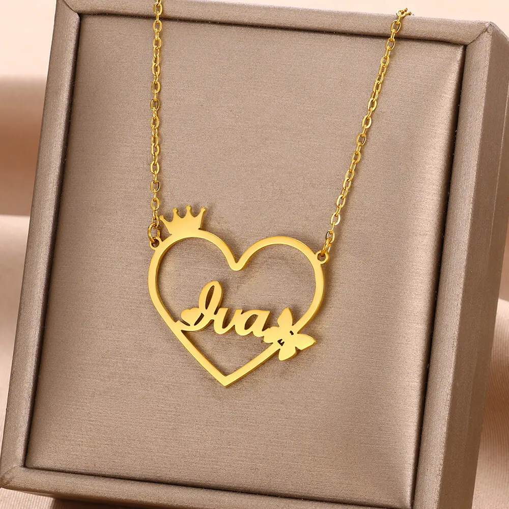 Custom Heart Crown Name Necklace Women Girl Jewelry Stainless Steel Gold Color Personalized Butterfly Nameplate Pendant Necklace