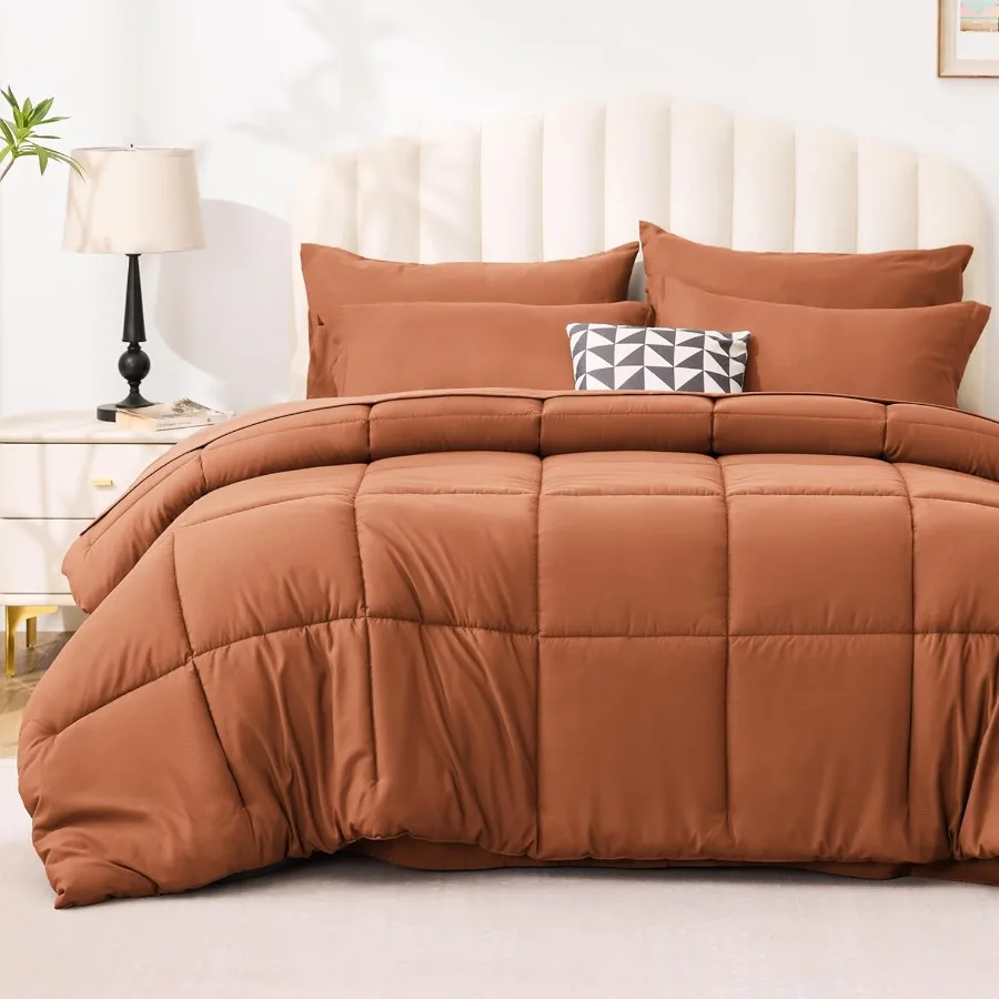 

Queen Comforter Set Burnt Orange 7 Pieces All Season Bedding in a Bag with 1 Comforter 1 Flat Sheet 1 Fitted Sheet 2 Pillowcase