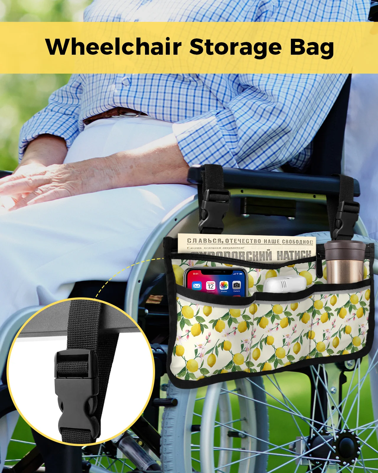 Summer Lemon Fruit Flower Wheelchair Bag With Pockets Armrest Side Bags Electric Scooter Walking Frame Storage Pouch