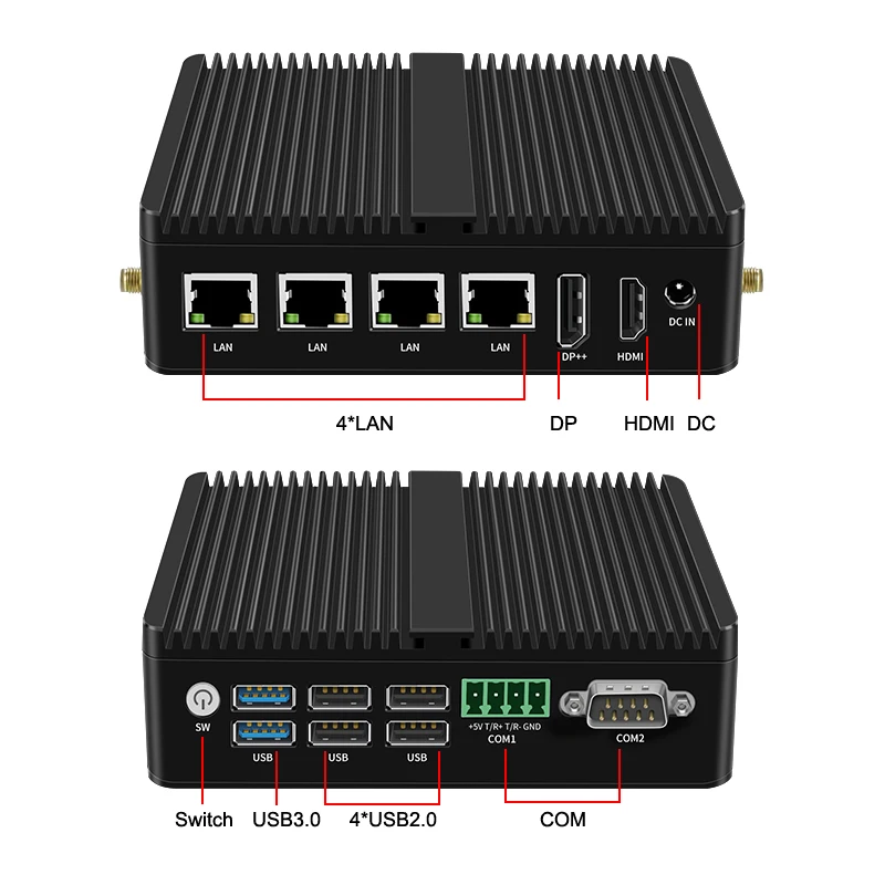 Mini PC industrial Fanless, processador de Intel, computador macio do router, Linux, firewalls de Pfsense, i225V, 2 * COM, RS485, RS232, Win11, N100