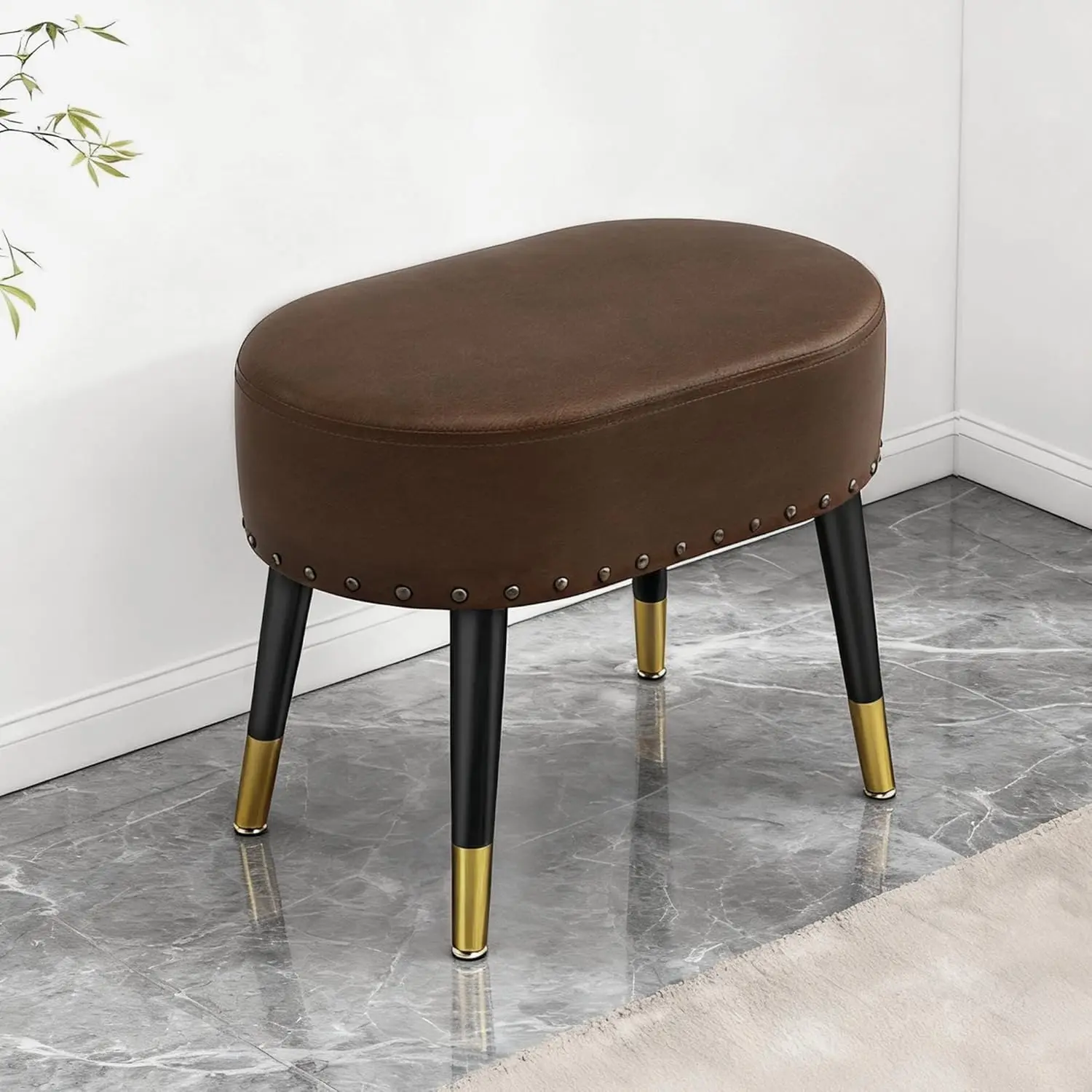 

Винтажный коричневый табурет из искусственной кожи с металлическими ножками, овальная подставка для ног (оттоманка) для ванной, гостиной, прихожей