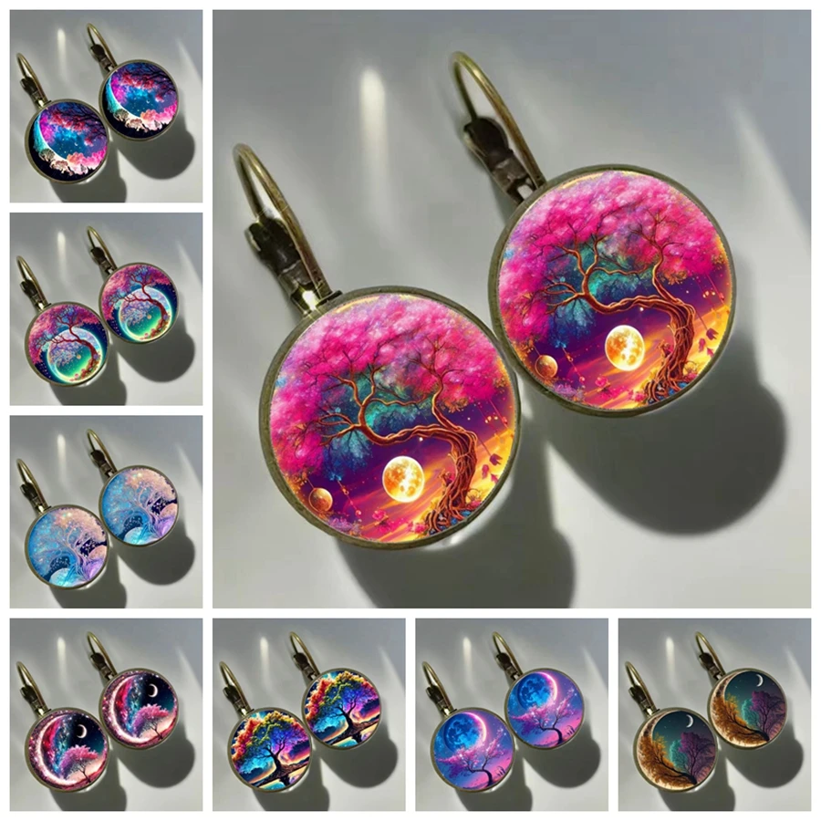 Dream Moon Tree Earrings Hot Selling Colorful Moon Picture Glass Convex Round Earrings for Women's Birthday Gifts Jewelry