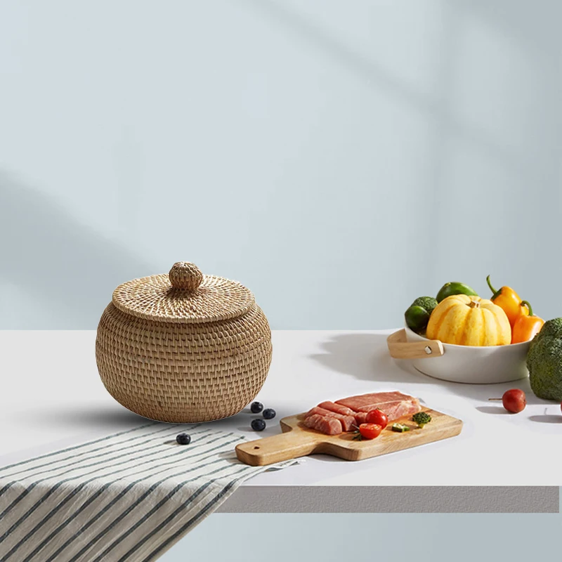 Wicker Storage Basket With Lid Round Fruit Basket Rattan Lightweight Hand-woven Storage Basket With lid For Fruits Vegetables