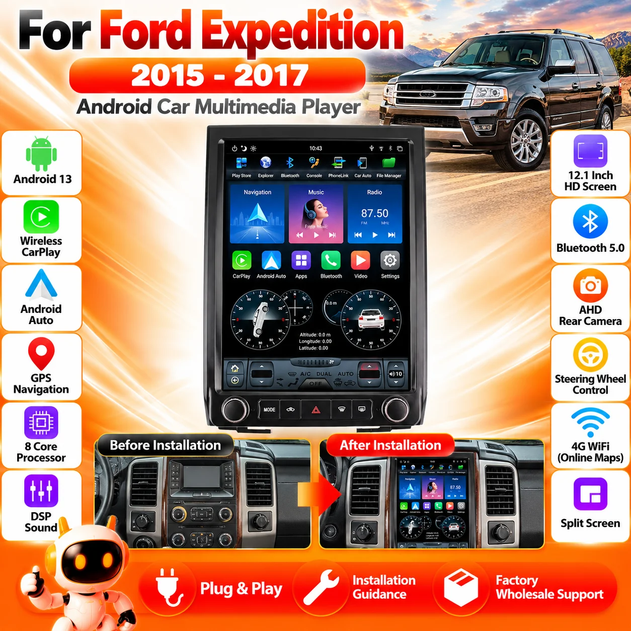 GPS Navigation Android 13 Car Radio For Ford Expedition 2015-2017 Multimedia Stereo Head Unit