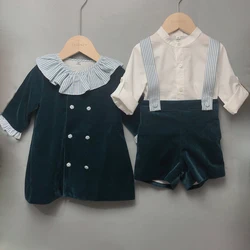 Children's Boutique Clothing Toddler Boys Green Velvet Strap Shorts Suits Cotton Long Sleeve Shirts Siblings Baptism Eid Dresses