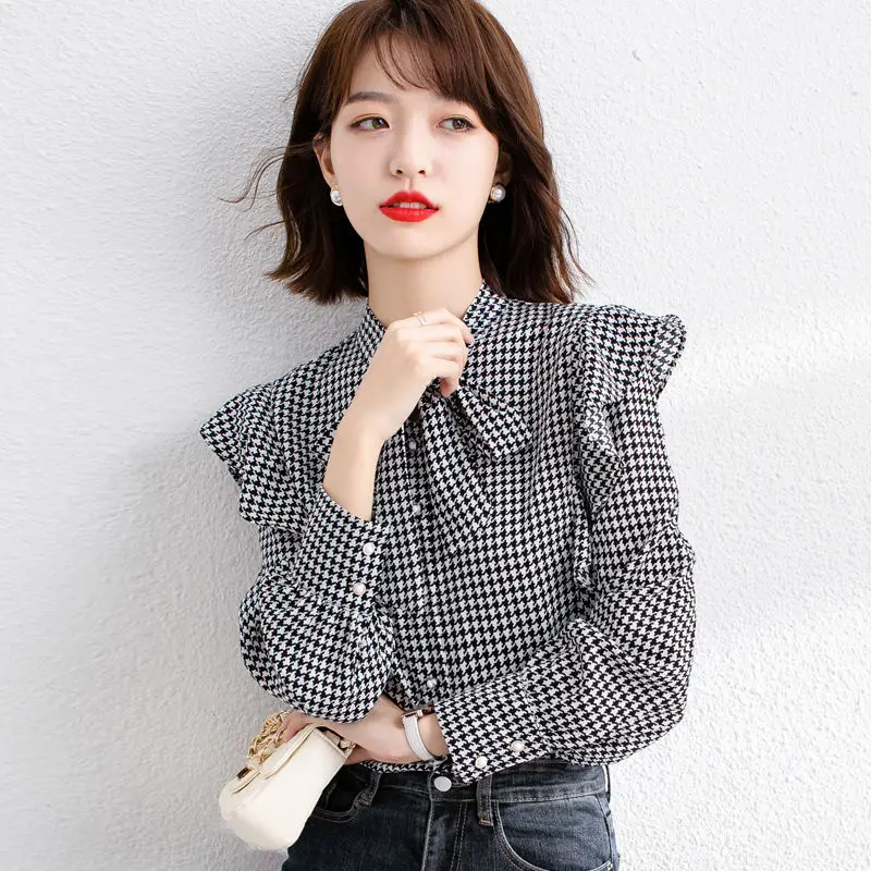 Sweet V-Neck Printed Ruffles Lace Up Bow Houndstooth Shirt Female Clothing 2022 Autumn New Casual Tops Loose Office Lady Blouse