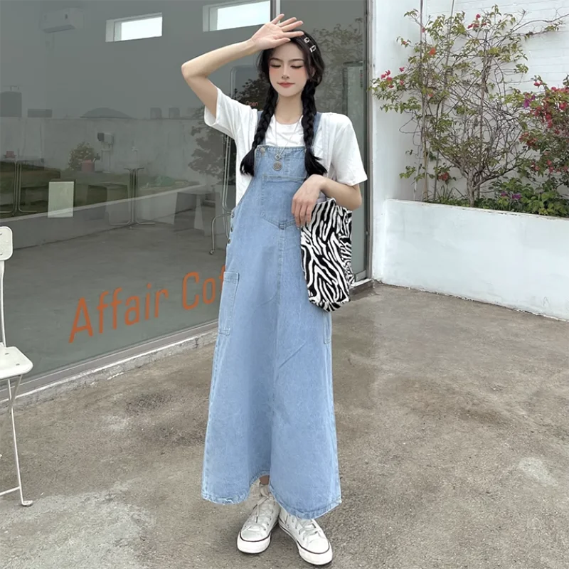 

2024 Spring Summer New Jeans Strap Dresses Women's Elegant POLO Collar Loose Pocket Long Strap Cowboy Dress