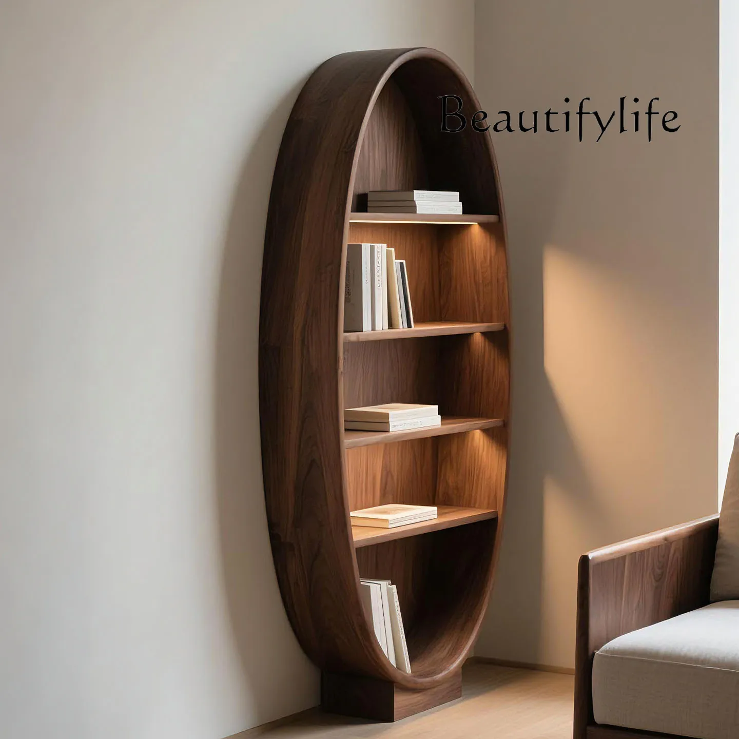 Black walnut bookshelf Modern simple light luxury oval display stand Living room design solid wood decoration