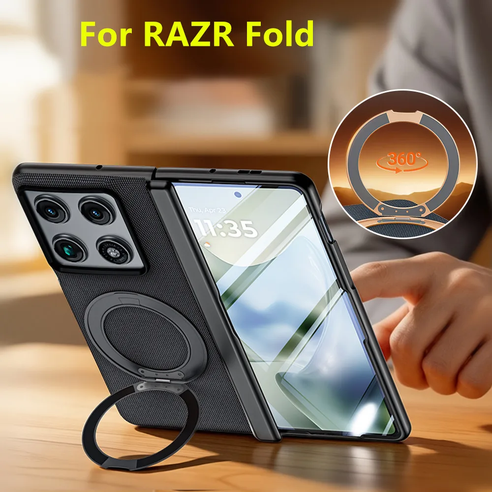 

Glossy Electroplated Vegan Leather PC for Magsafe Case For Motorola RAZR Fold 360 Ring Holder Hinge Cover HD 9H Glass Protector