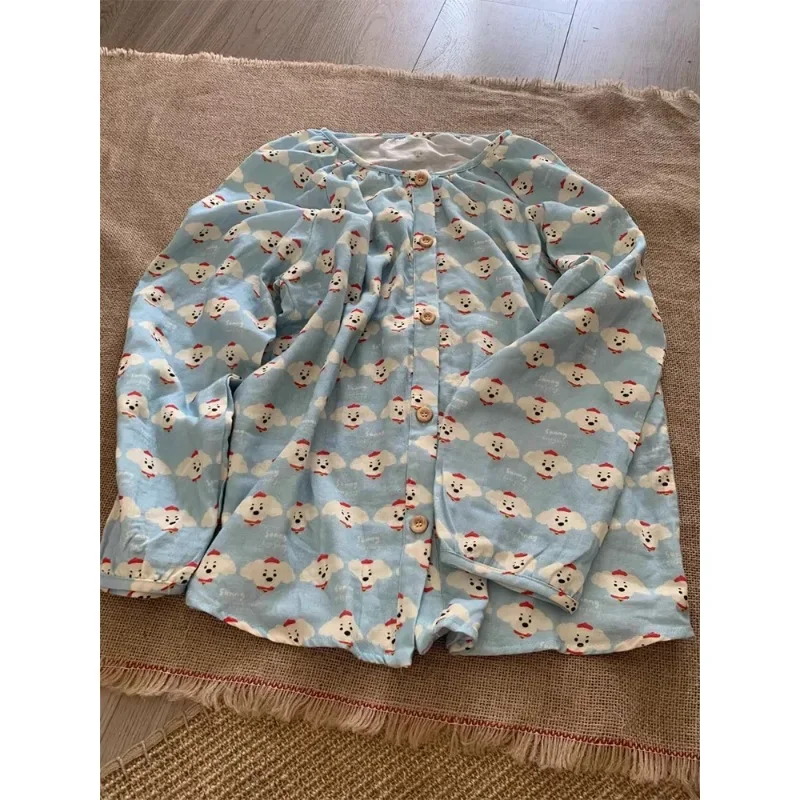 Pijama de manga comprida com estampa de cachorrinho fofo primavera e outono calças cardigã soltas femininas para uso doméstico conjunto plus size pode ser usado ou...