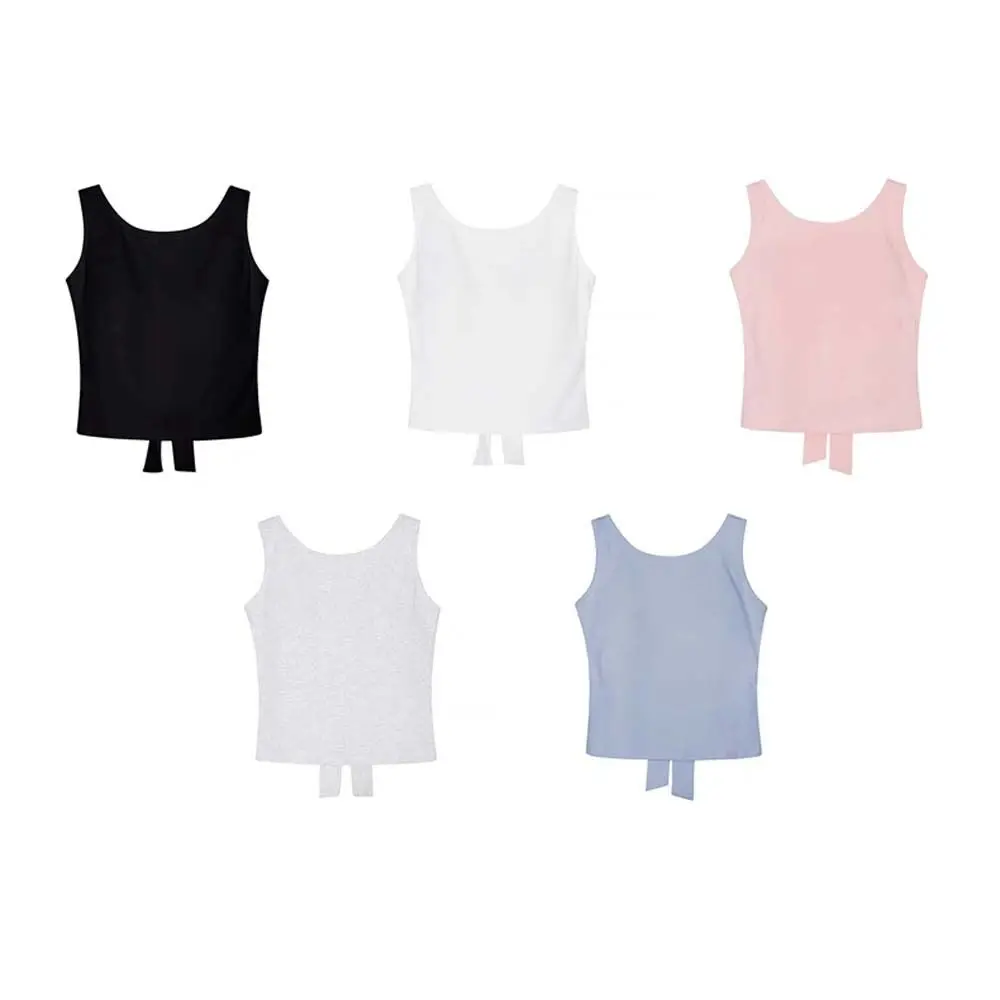 قميص قصير ناعم بدون أكمام بدون أكمام بلون سادة مع فيونكة كورية على شكل فيونكة علوية بقصة ضيقة ملابس الشارع الشهير مع وسادات صيفية على شاطئ البحر