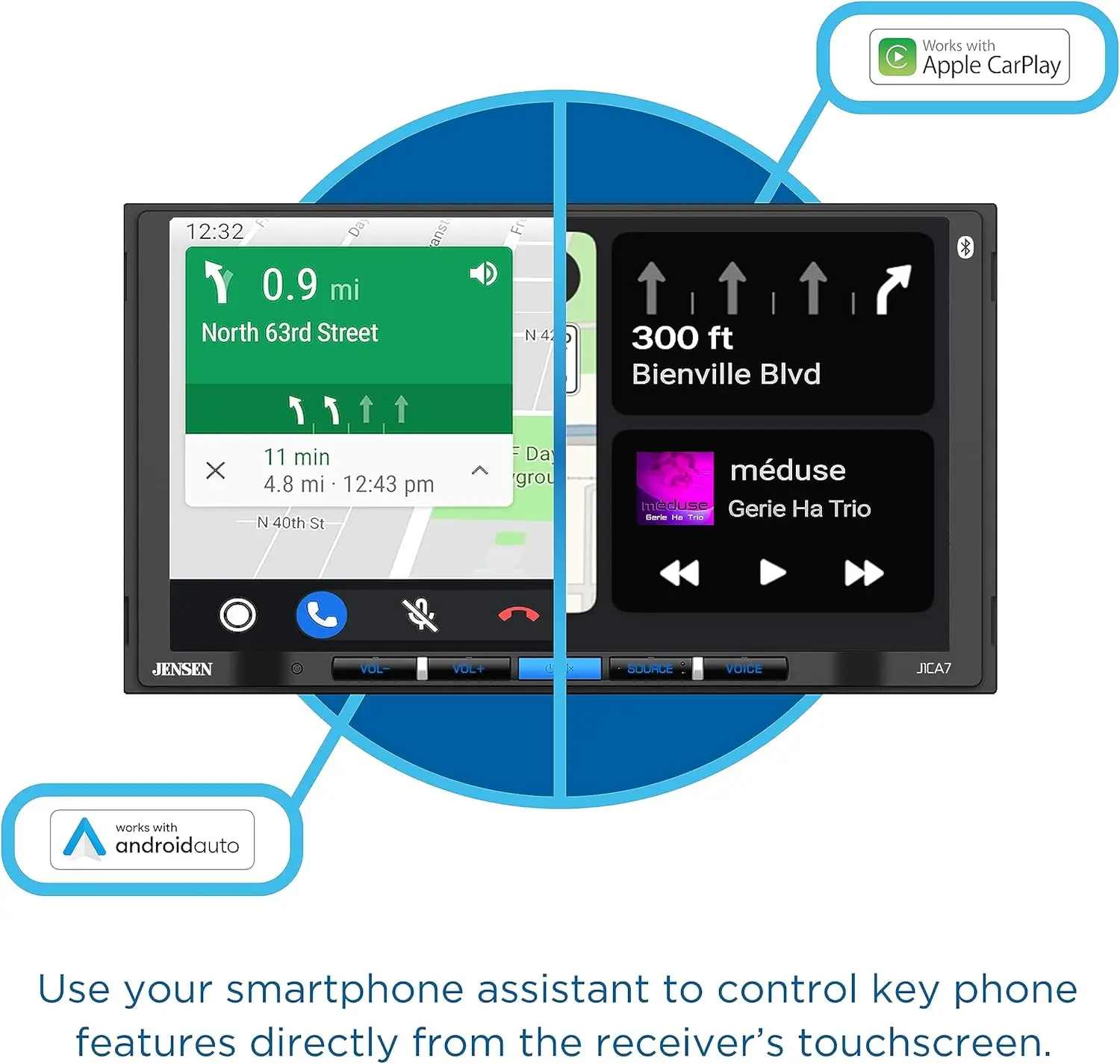 Estéreo de carro certificado de 7 polegadas com Apple CarPlay e Android Auto, Bluetooth, entrada de câmera de backup, carregamento USB