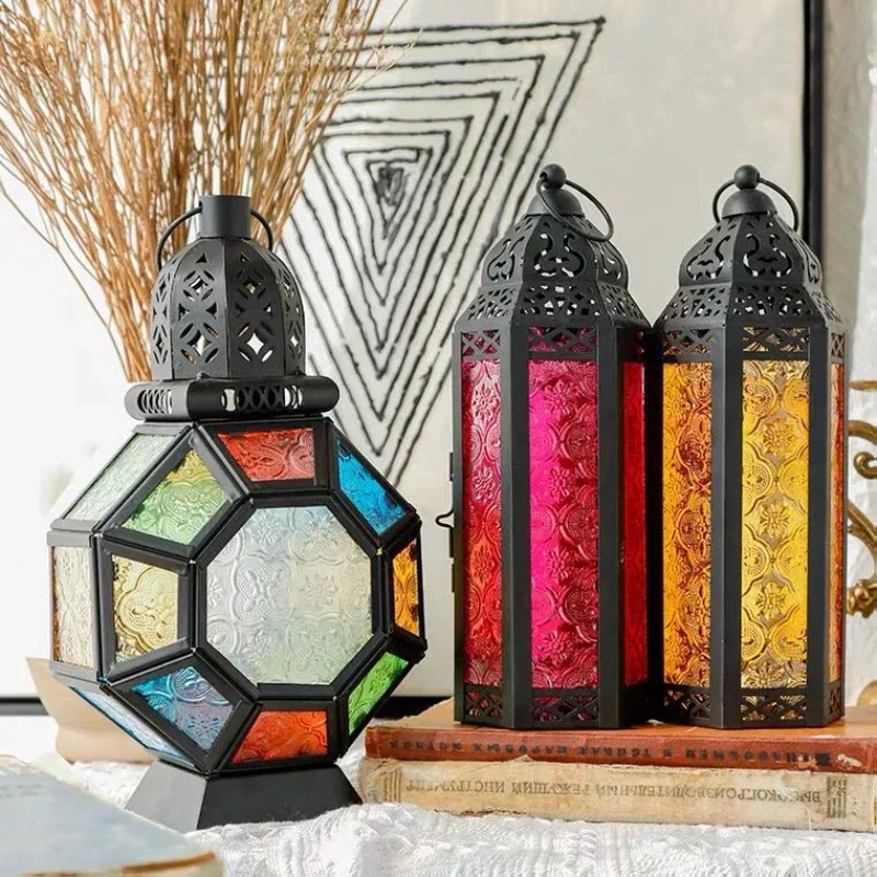 Morocco Handheld Iron Wind Lamp Candlestick Colored Glass Home Office Courtyard Decoration Iron Art Candle Holder