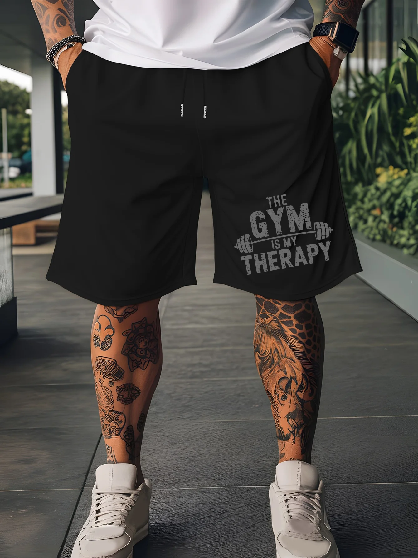 Summer Men's Fitness Print Casual Shorts Stylish Versatile Elastic Waist with Drawstring Suitable for Everyday Wear