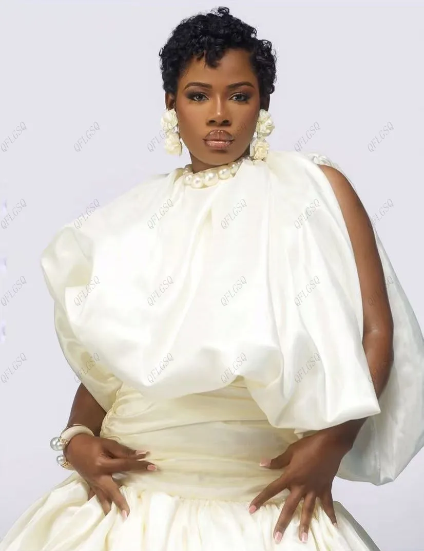 Pretty Ivory 2 Pieces Long Party Dresses One Shoulder Asymmetrical Women Dress Sleeve Taffeta Couture Formal Gowns