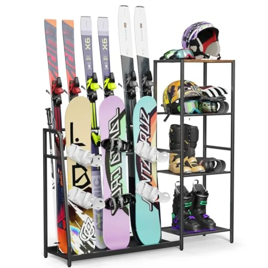

Freestanding Snowboard Rack - 4 Pair Ski 3 Pack Snowboard Boot Pole Goggles Helmet Rack for Garage Shed Basement