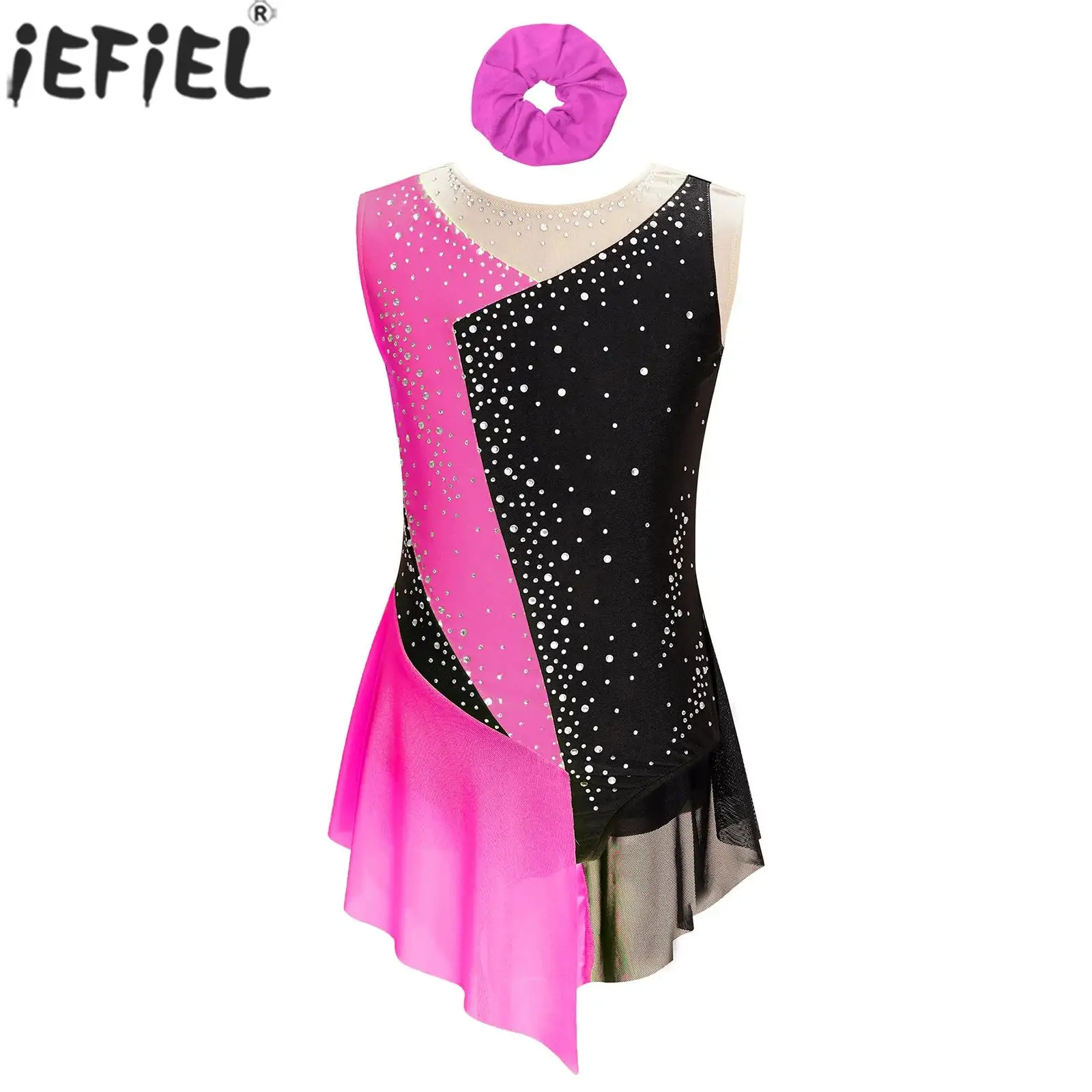 Children Girls Figure Skating Lyrical Dance Ballet Gymnastics Leotard Dress Sleeveless Rhinestone Mesh Bodysuit with Headband