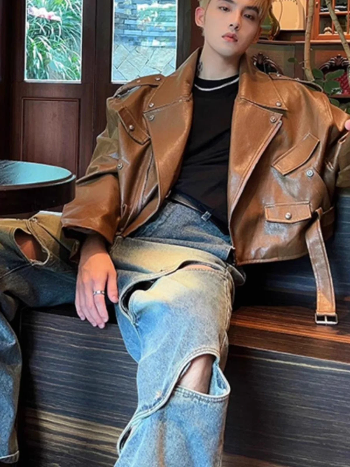 

Мужская кожаная куртка Advanced ort в мотоциклетном стиле с заклепками, американский ретро-дизайн, ветрозащитная, из полиэфирного волокна, с длинными рукавами