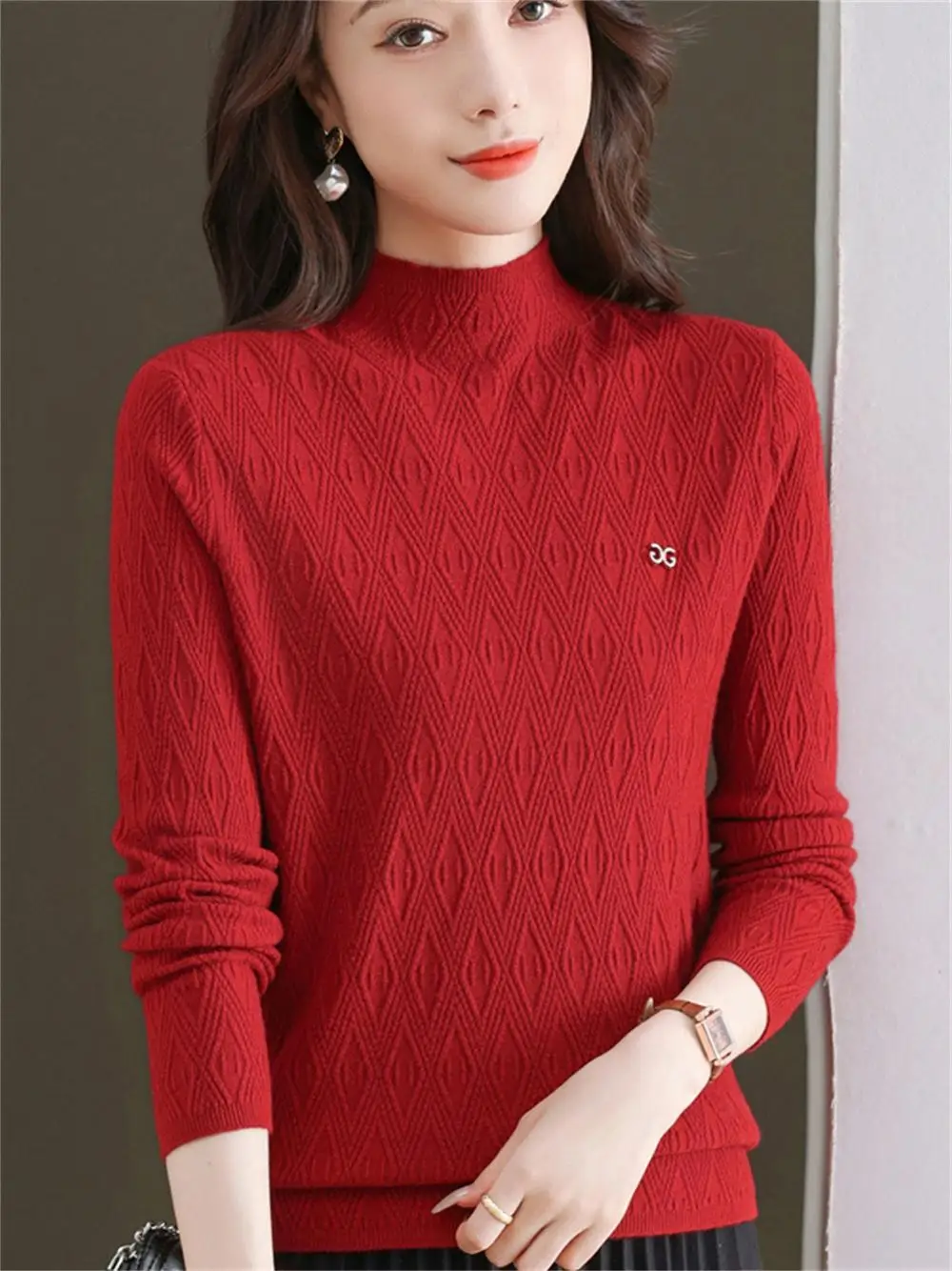 

2024 Faionable f High Collar Slimming Knitwear Base irt for Middle-Aged And ly Embroidered Sli Mom Top