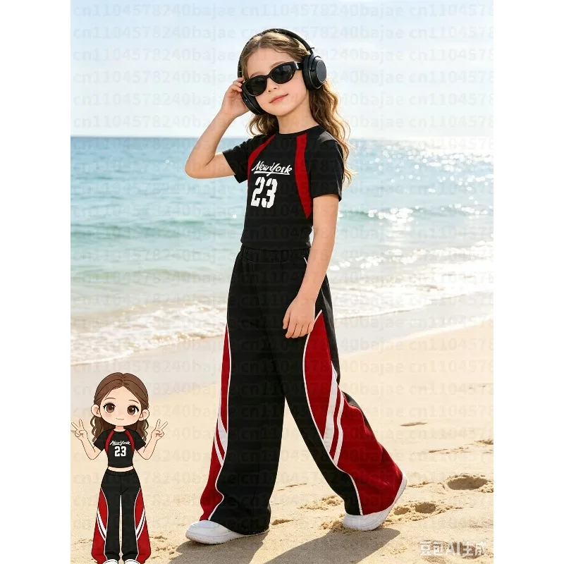 2pcs Set: Girls' Kid Casual and Fashionable Short-sleeve Cropped T-shirt Paired with Casual Straight-leg Trousers