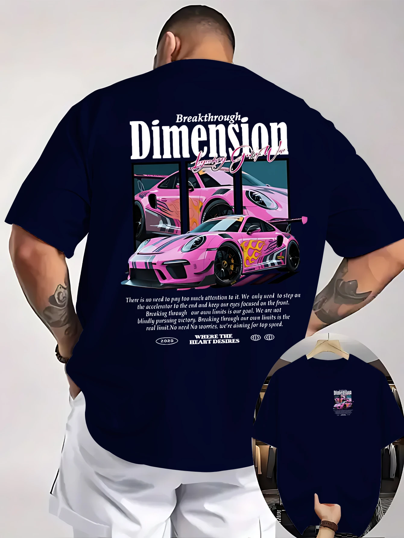 Pink Sports Car Breakthrough Dimension Print on Premium Soft 100% Cotton Mens T Shirt Perfect for Summer Casual Streetwear Style
