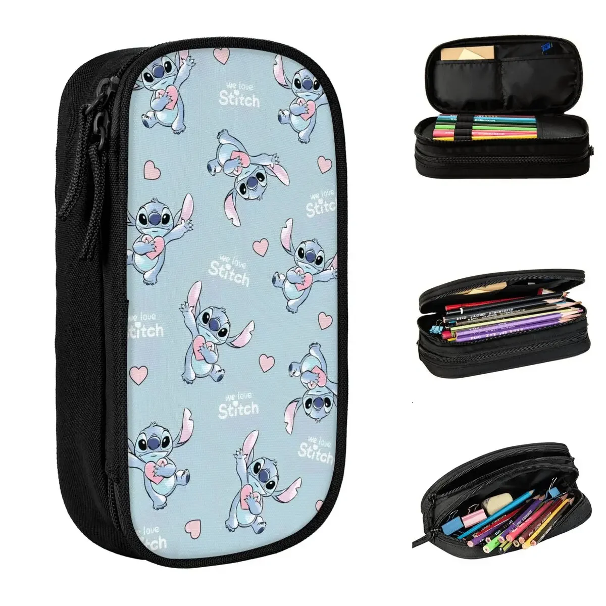 Cute Stitch Heart Love Pencil Case Cartoon Pencilcases Pen for Student Large Storage Bags School Supplies Zipper Stationery