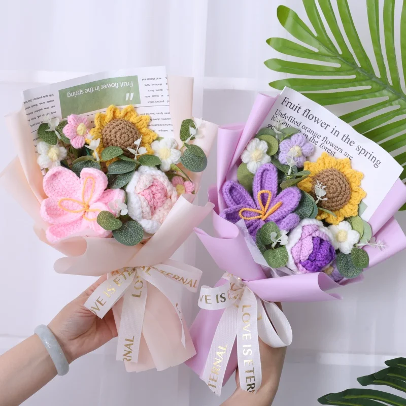Rose Sunflowers Tulip Artificial Flowers Crochet Finished Knitted Bouquets Valentine Mothers' Day Birthday Graduation Gift